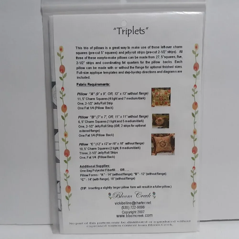 Pillow Sewing Pattern NEW Bloom Creek Triplets Applique Home Decor Living Room